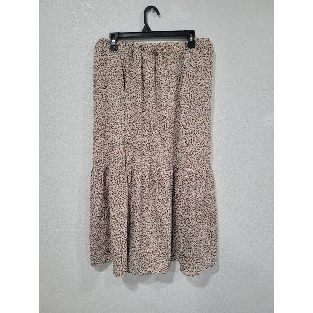 Floral Tiered Midi Skirt Elastic Waist Cream Red Yellow Ditsy Print Boho #P3/20